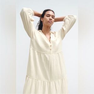 Zara Linen Blend Tiered Midi Dress Natural Cream Size XS